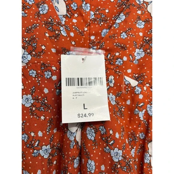 Used Forever 21 L Orange Blue White Floral Print Sleeveless Jumpsuit Jumper - Picture 8 of 12